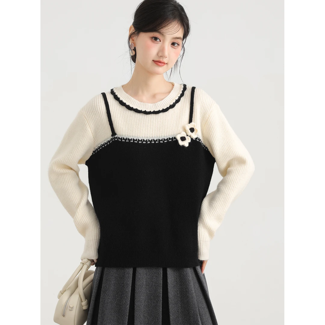 爱蔷薇大码拼色毛衣女2024新款假两件针织衫秋冬花朵上衣GT74569