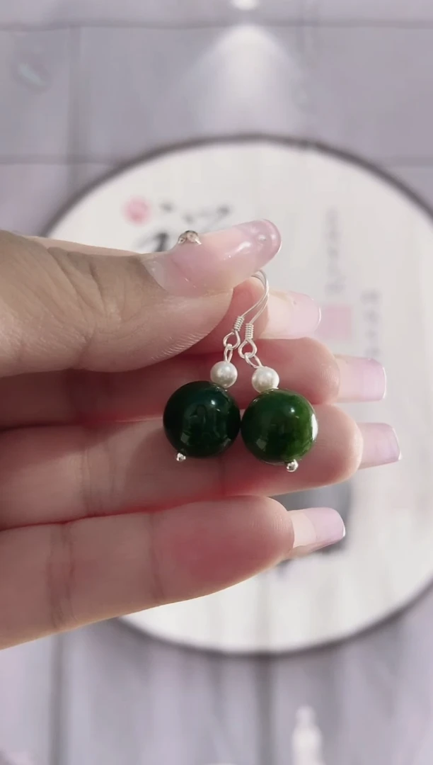 和田玉（碧玉）银S925镶嵌耳饰（12mm圆珠耳环）多样性发货