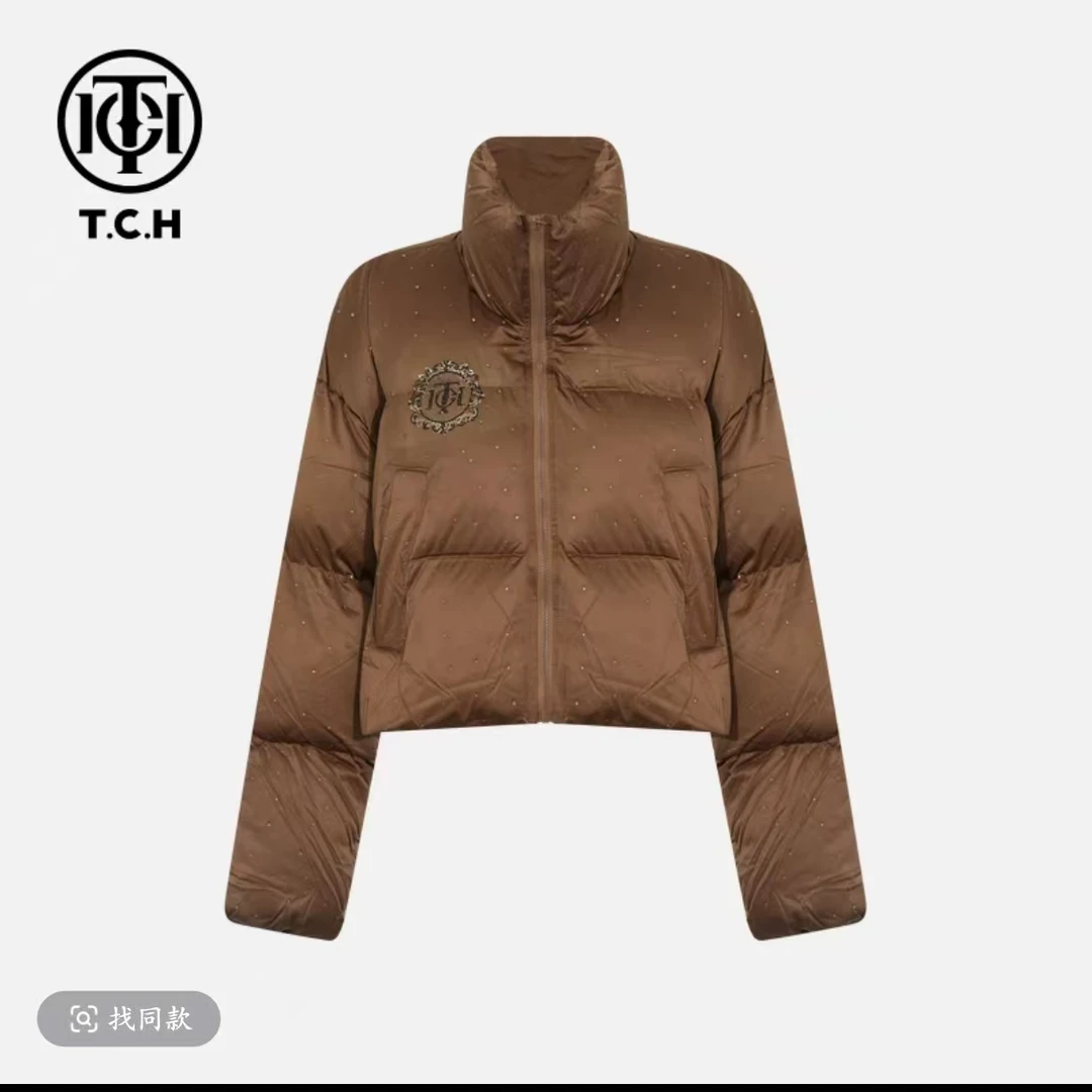 TCH私服烫钻简约百搭复古老钱风立领羽绒外套女秋冬款T75D19E1002