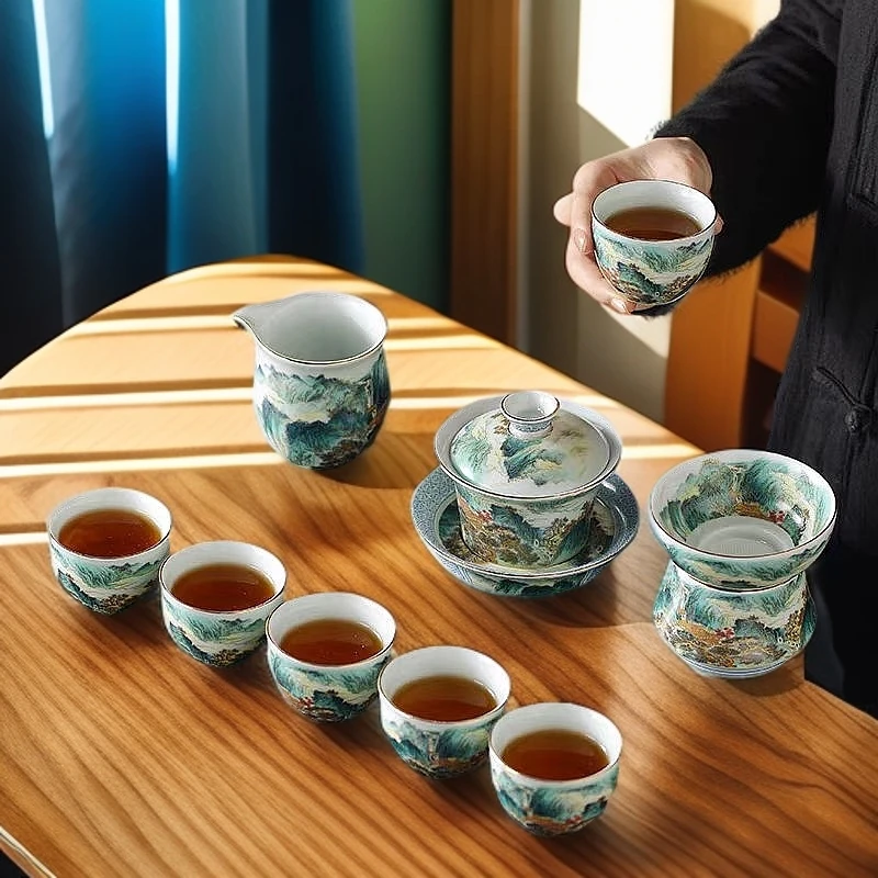 珐琅彩山水三才盖碗茶杯正宗景德镇陶瓷功夫茶具高档套装家用送礼