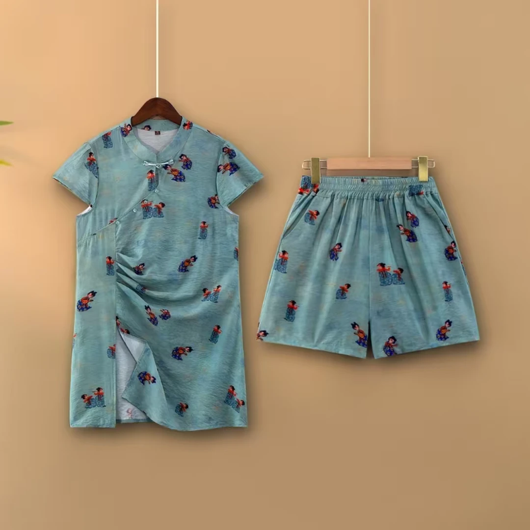 【蓝美人】--夏款新中式夏款小唐人提花轻薄修身显瘦版短袖短裤套装