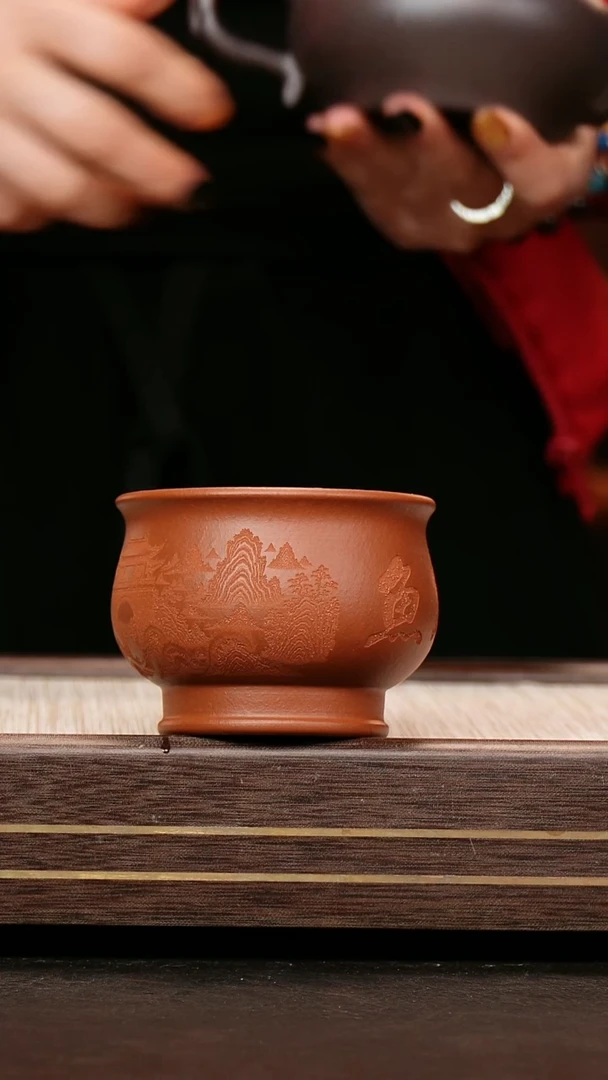 茶壶紫砂红泥 将军杯 刻绘