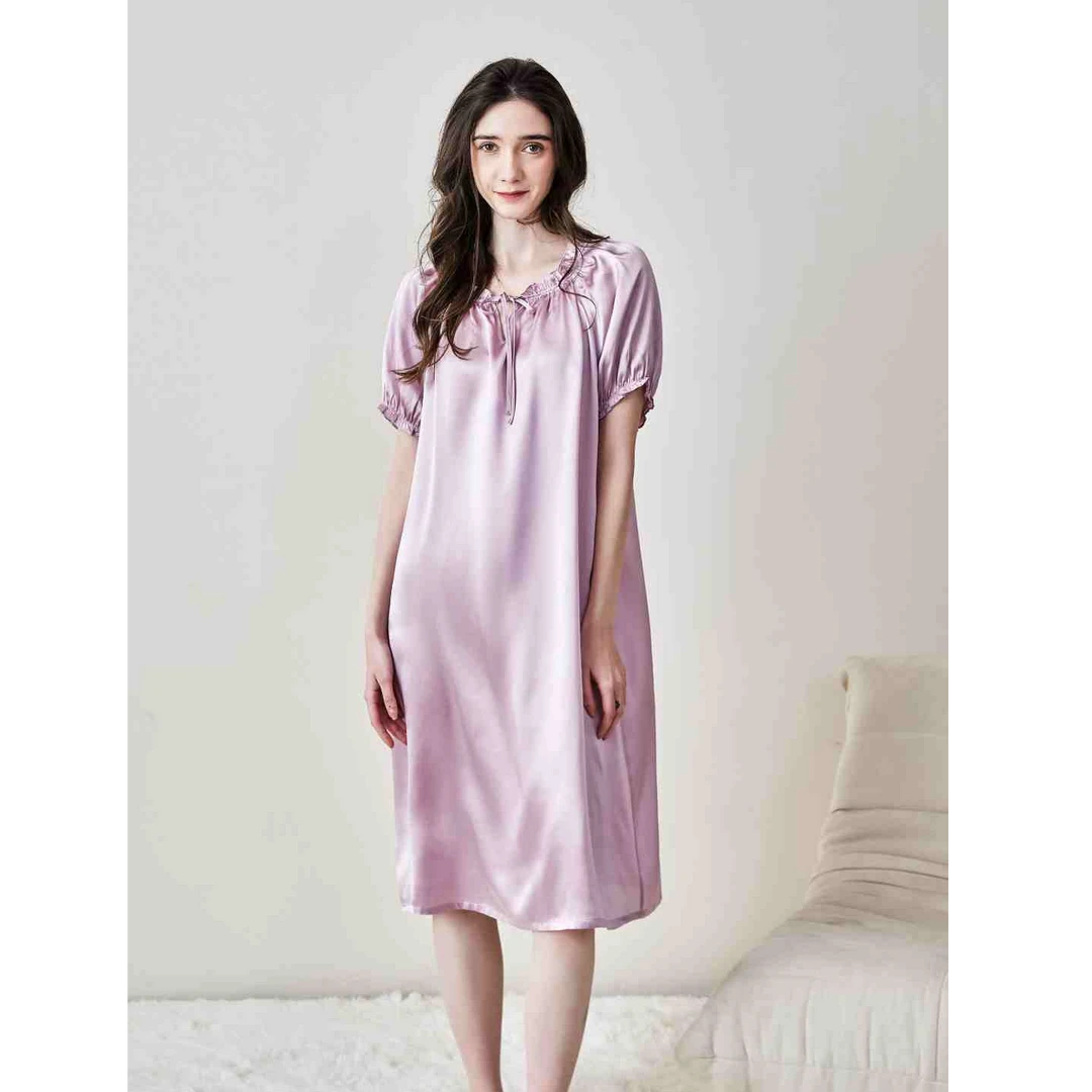 2025年新款100%桑蚕丝甜美短袖中长裙真丝睡裙长款宽松大码连衣裙