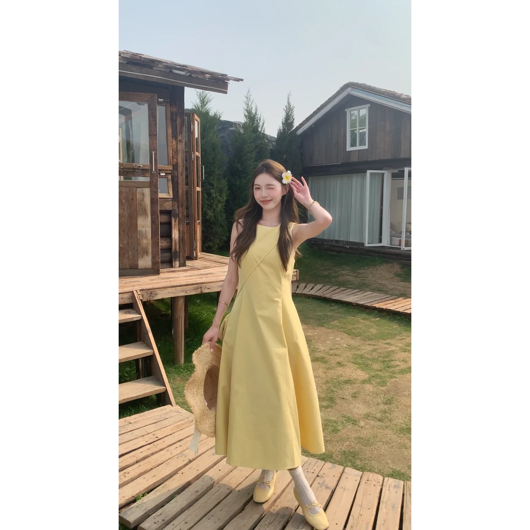 【夏日序曲】法式简约立裁收腰柠檬黄显白无袖大A摆连衣裙（配包包）