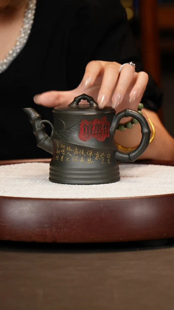 茶壶紫砂【陈小听】绿泥高竹节300c+壶承