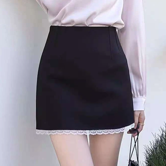 2025春夏甜美简约百搭蕾丝边西装A字短裙女高腰显瘦气质半身裙