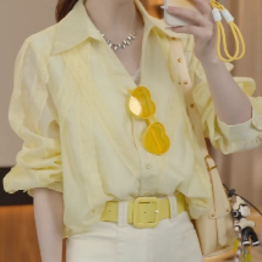 设计感蕾丝拼接长袖衬衫女2025春季新款宽松洋气时尚白色翻领衬衣