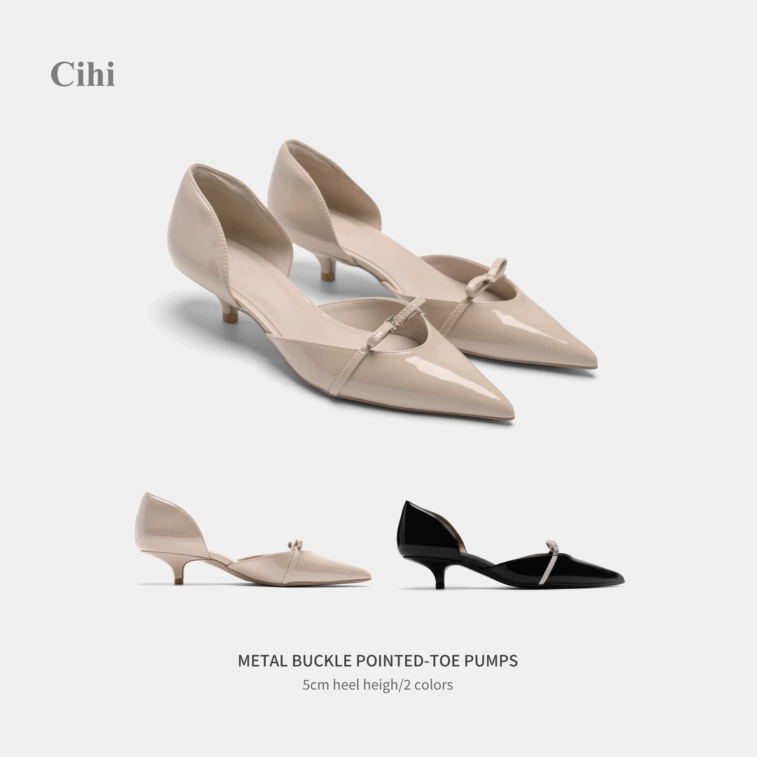Cihi’Bermuda‘  金属扣亮面漆皮  蝴蝶结包头浅口单鞋