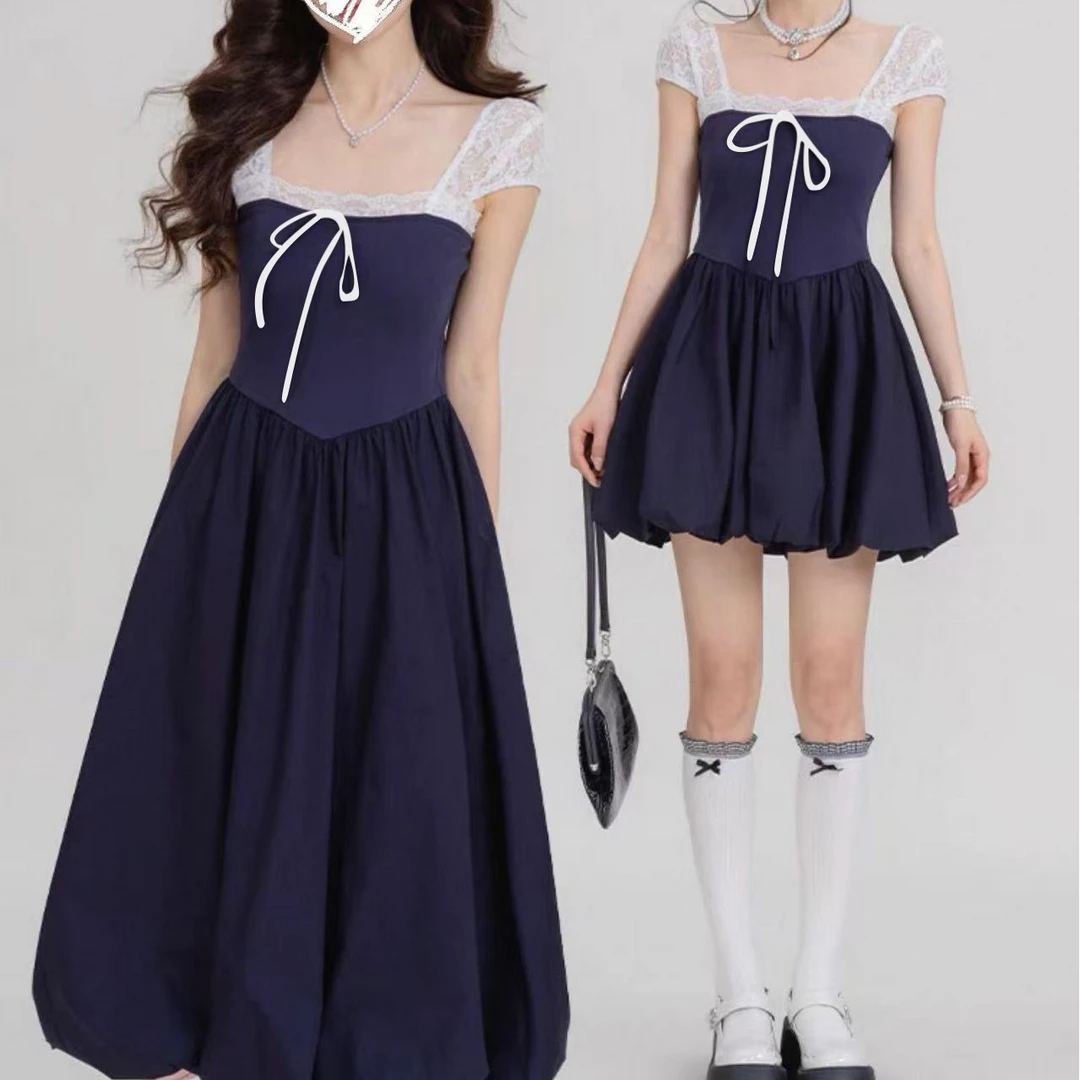 法式蕾丝拼接连衣裙设计感小众女夏季别致收腰显瘦a字裙