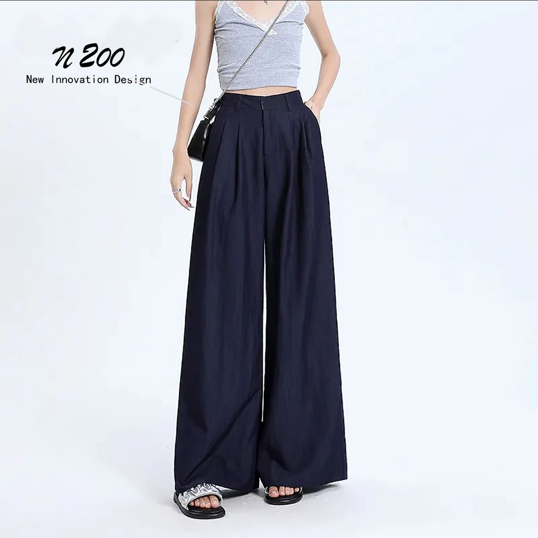 【三角衣柜】 深蓝色阔腿休闲裤女夏季新款高腰宽松显瘦垂感直筒裤