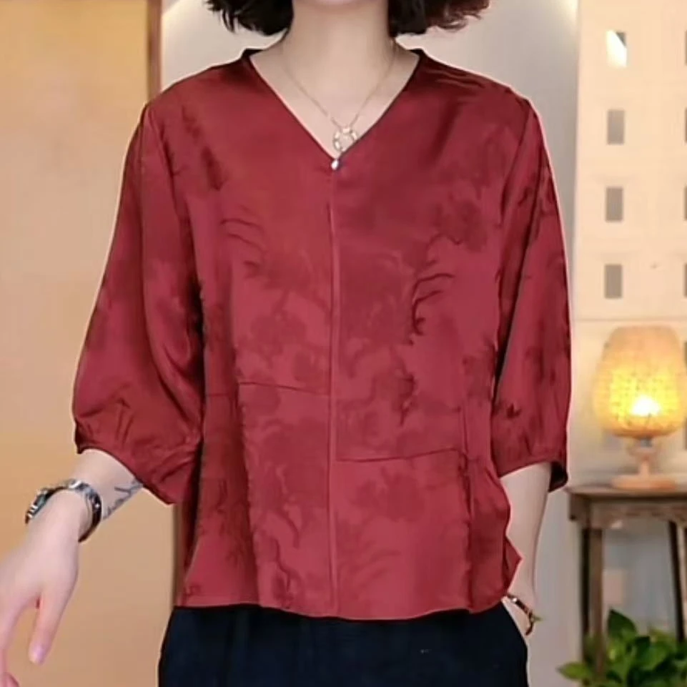 提花V领纯色气质洋气夏季百搭休闲中袖显瘦宽松国风小衫