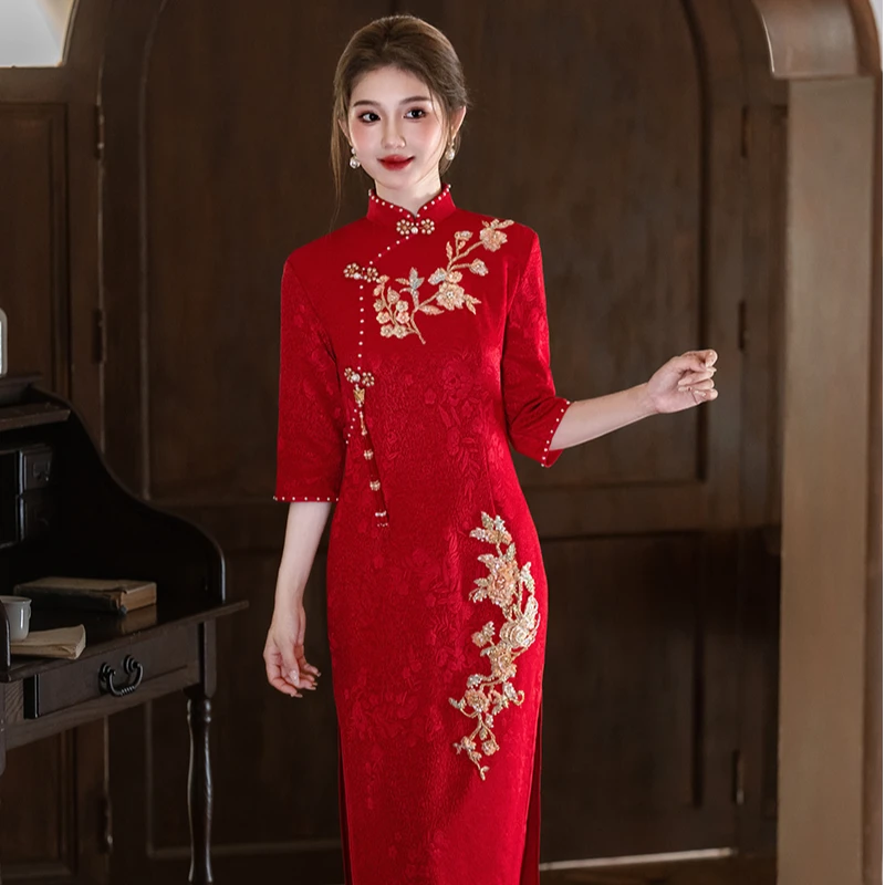 红色2025年新款气质七分袖旗袍新娘敬酒服显瘦春秋款连衣裙