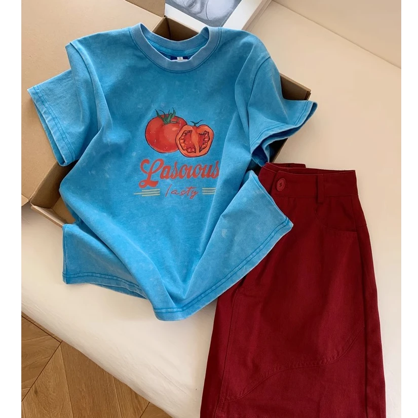 复古水洗蓝色圆领正肩短袖t恤女2025新款短款显瘦多巴胺上衣夏季