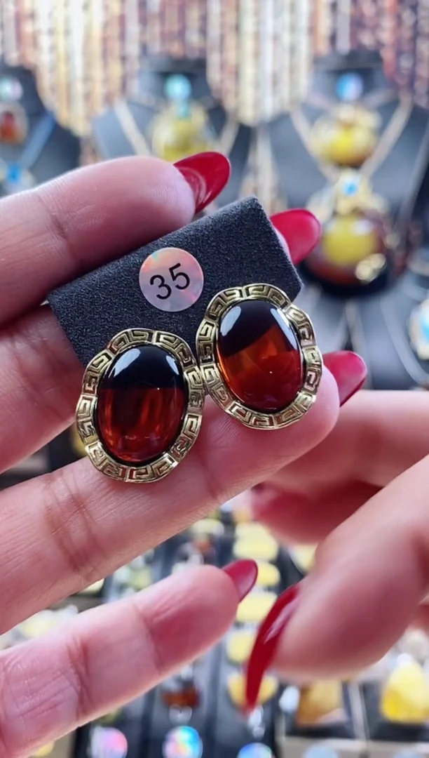 琥珀银S925镶嵌耳饰大耳钉