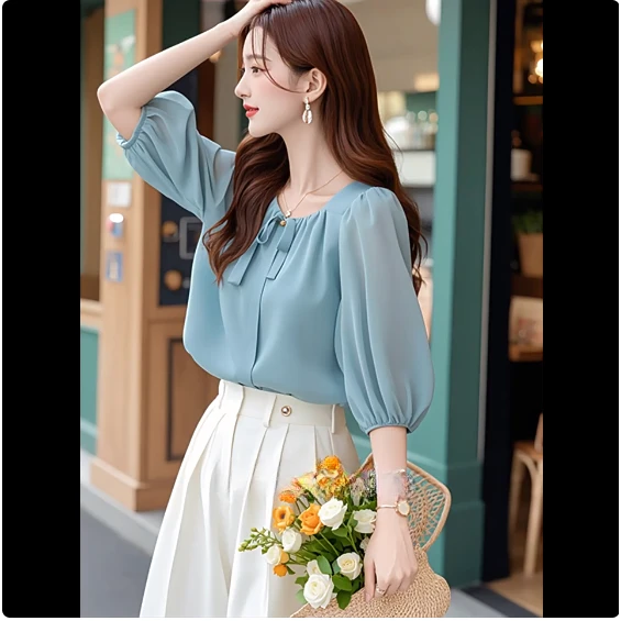韩系洋气减龄五分袖雪纺衫女春季新款别致设计通勤休闲蓝色上衣