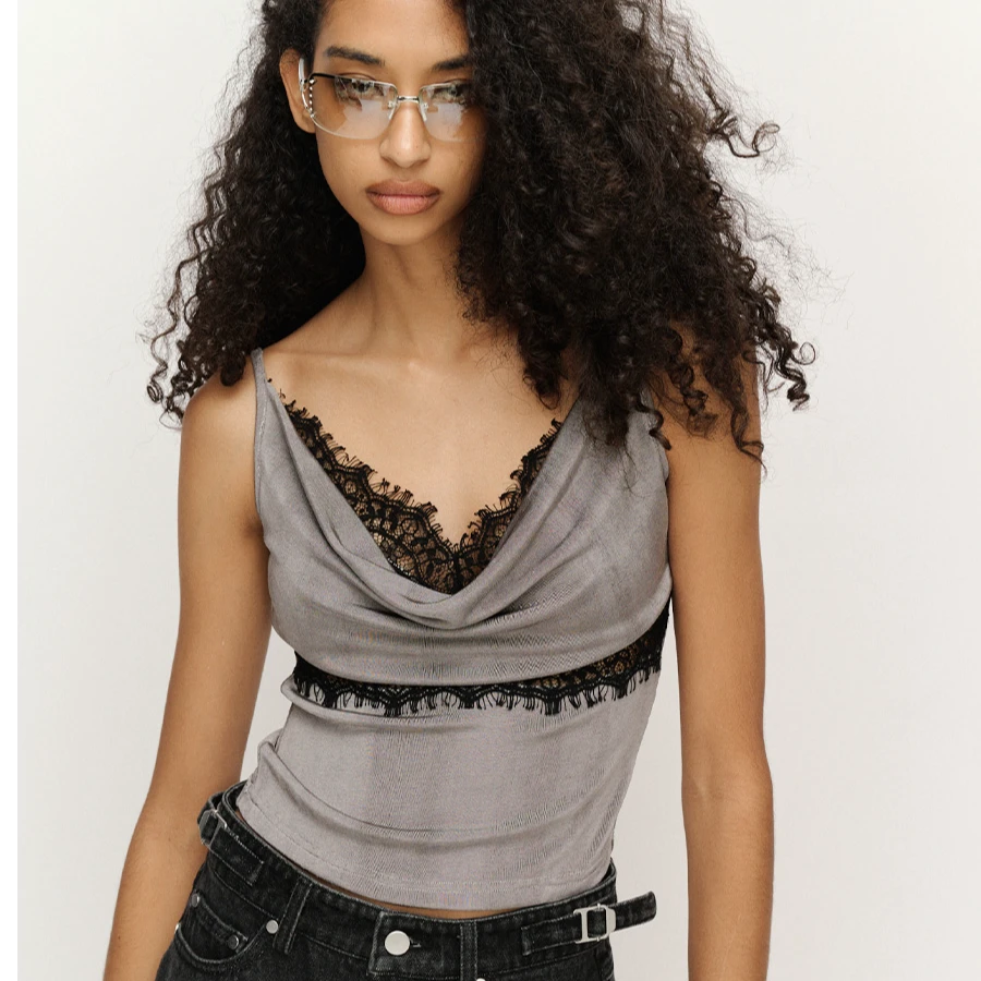 FORDARE 荡领拼接蕾丝背心