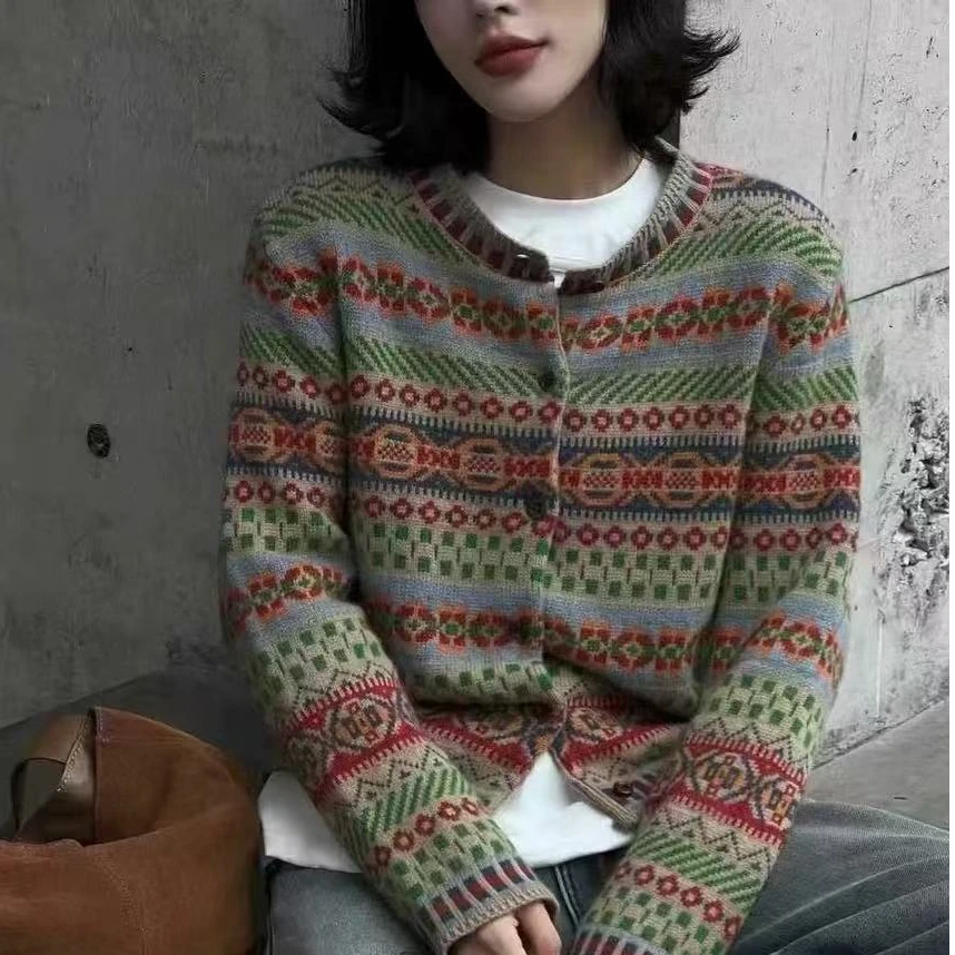 【玉姐家】复古民族风印花单排扣宽松羊毛针织开衫90-140 新选f745