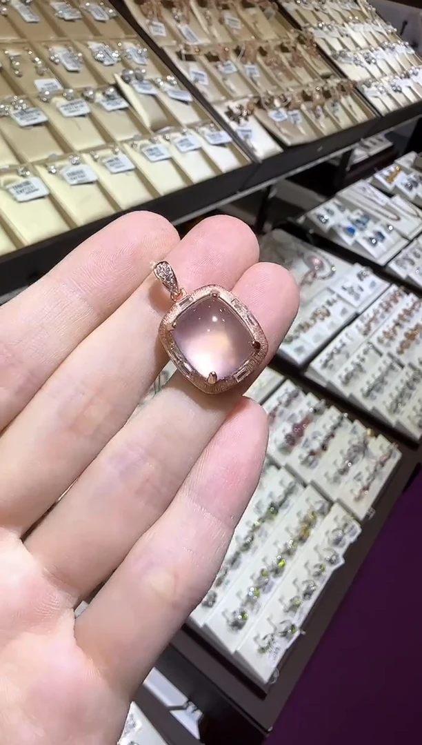 颈饰银S925镶嵌芙蓉石14*12mm星光粉水晶