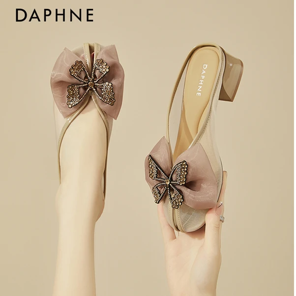 达芙妮蝴蝶结包头半拖鞋女鞋2025新款夏季外穿网纱配裙子穆勒凉拖