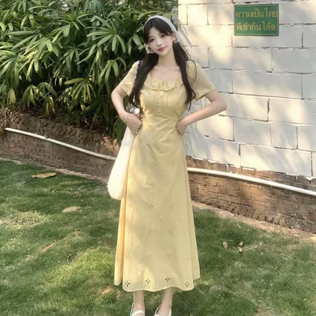 【现货+运补】温柔风收腰显瘦气质长裙黄色镂空碎花连衣裙女夏2442