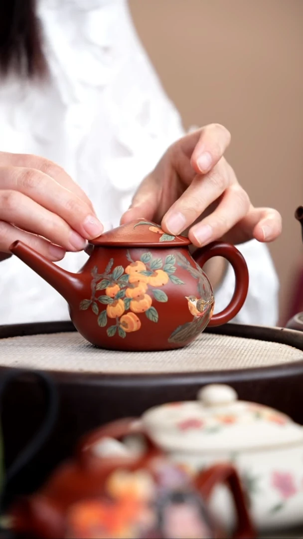 茶壶紫砂朱泥渔翁壶泥绘柿子鸟