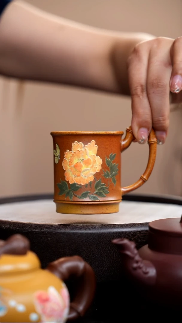 茶壶紫砂柴烧竹节杯泥绘牡丹