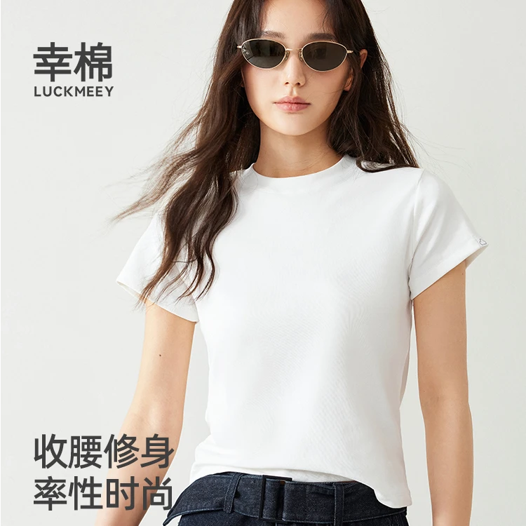 幸棉·高弹修身螺纹棉质夏季薄款女士正肩修身短袖T恤 25W318612