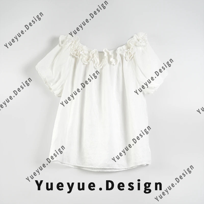 【悦悦专属】韩系甜美风木耳边一字肩短袖上衣Y408