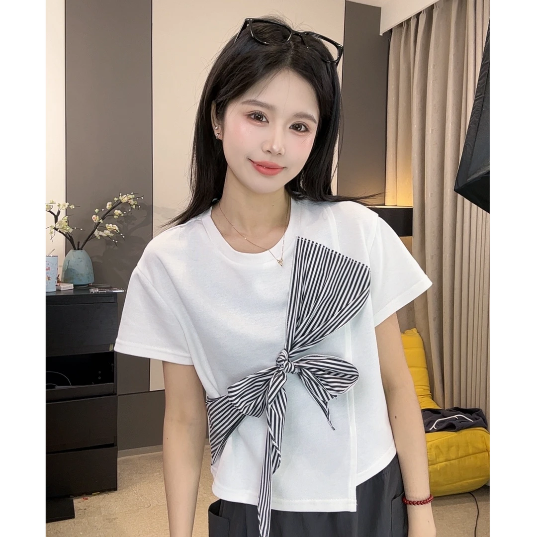 【蔡小姐】2025夏季新款时尚蝴蝶结系带小众设计感百搭女上衣