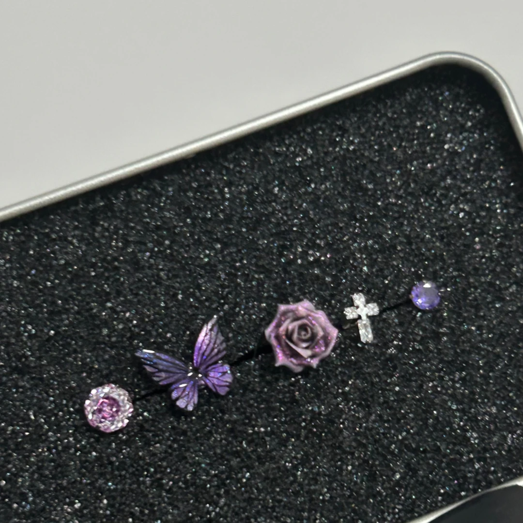 铜合金耳饰 【蝴蝶心事】超仙紫色星辰蝴蝶玫瑰闪钻十字架耳钉百搭