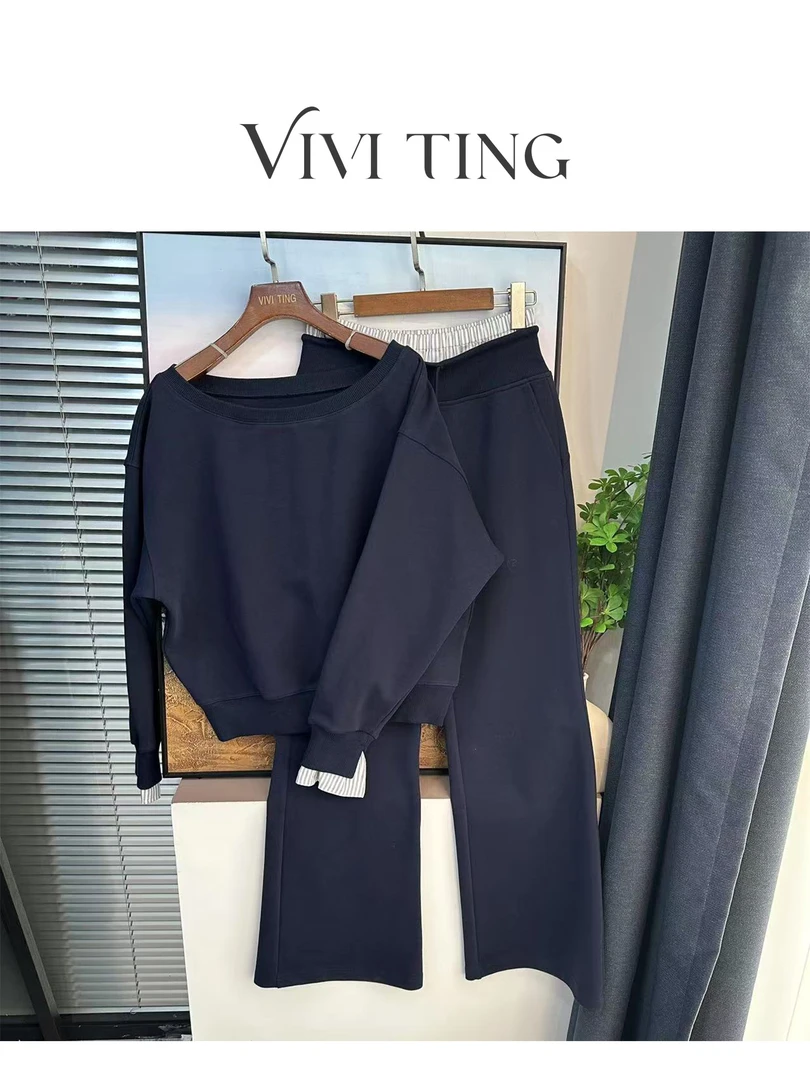 【VIVI·TING】婷姐推荐时尚休闲百搭款一字肩卫衣＋休闲裤套装s135