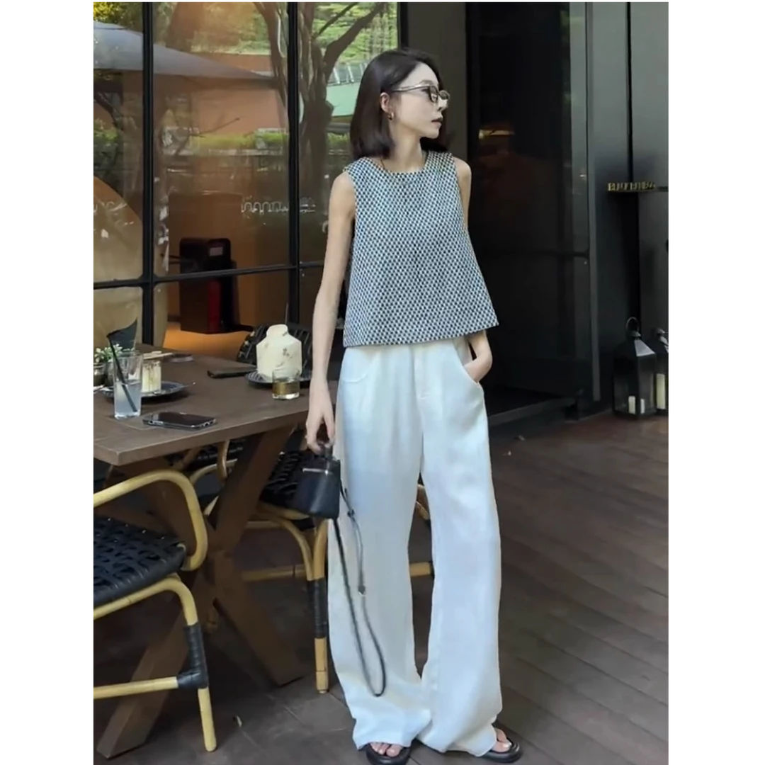 法式复古2025夏季新款经典格纹宽松气质无袖背心白色休闲阔腿裤女