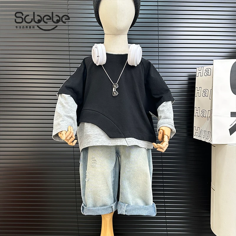 SCBEBE儿童时尚洋气2025春季新款韩版百搭弧形拼接套头卫衣AS751