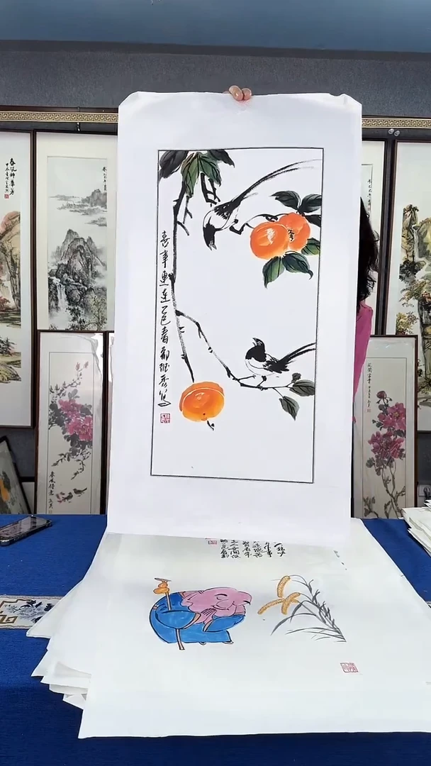 国画柿子 画芯 35*70