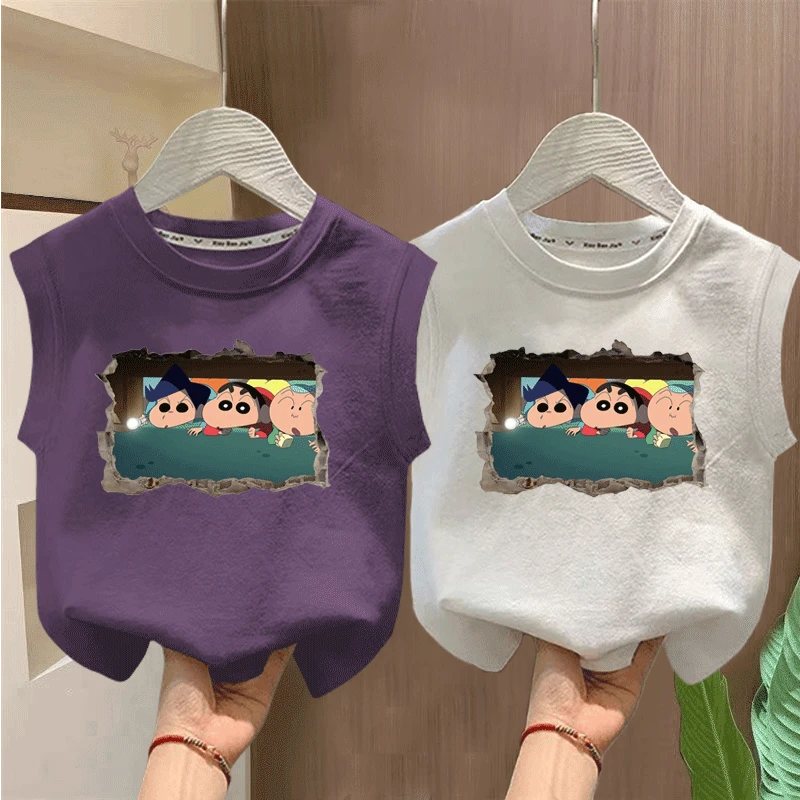 100%纯棉男童蜡笔小新背心T恤夏季新款儿童宝宝卡通无袖上衣外穿t