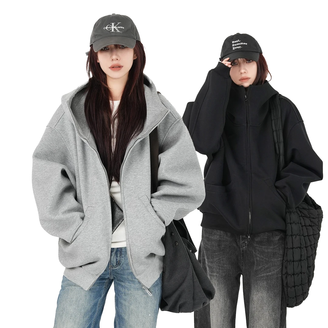 TGNS廓形太空棉短款连帽卫衣女2025年春重磅运动宽松情侣上衣外套