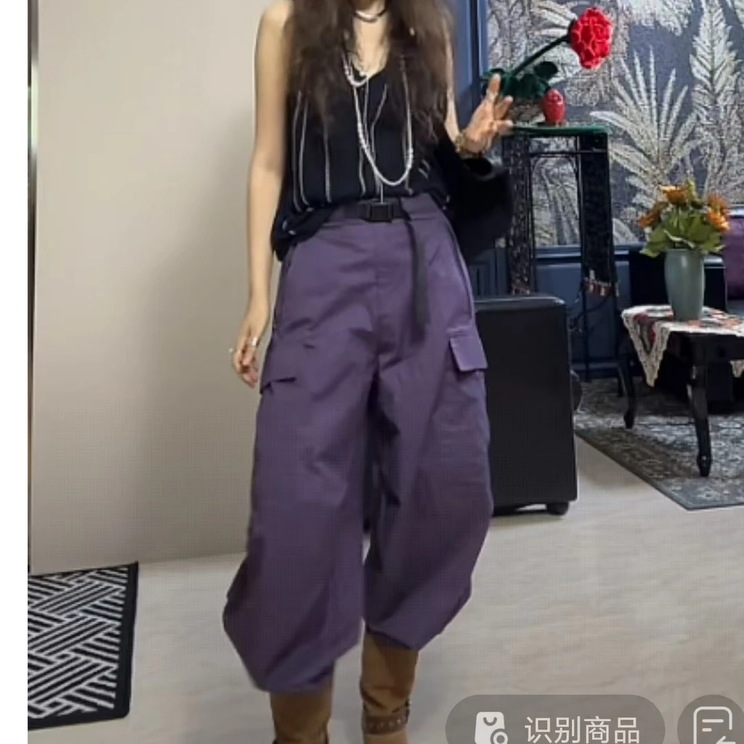 0255932黑腰绳休闲工装裤 时尚简约个性百搭休闲舒适宽松减龄女士