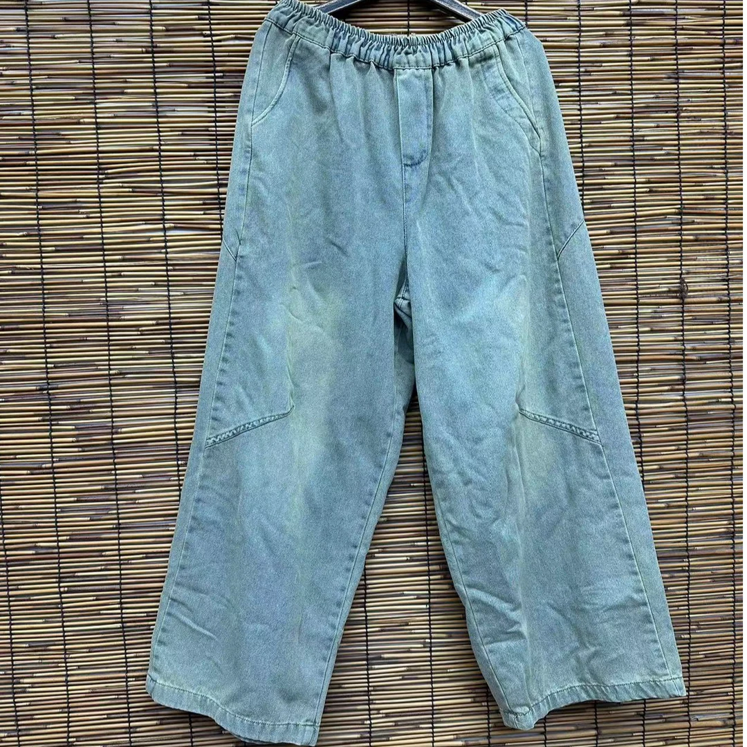 HY   88852内抽绳侧边捏皱直筒牛仔裤