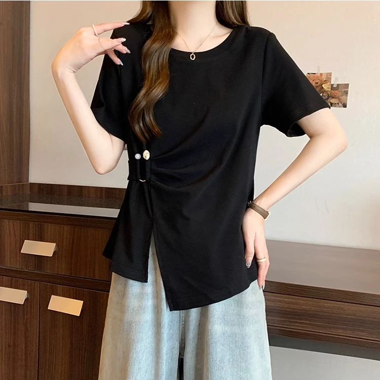 大码女装微胖mm不规则开叉收腰遮肚显瘦短袖t恤夏季正肩别致上衣