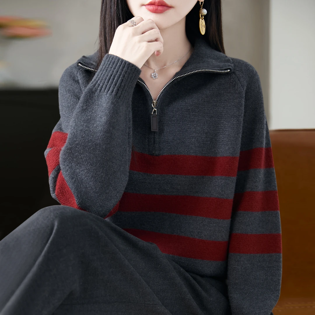 微胖mm春秋大码娃娃领女士毛衣遮肚子显瘦条纹上衣内搭针织打底衫