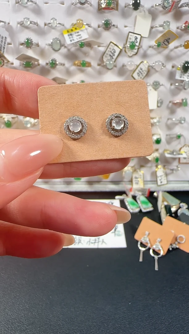 银S925镶嵌翡翠耳饰缅甸翡翠925银镶嵌