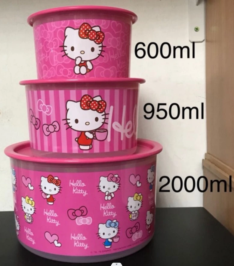 （日）3件套Kitty密封储藏圆罐 （0.6升+0.95升+2升）干储 冷藏罐