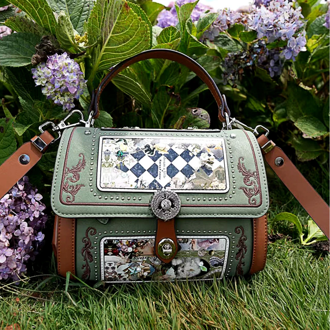 蒽薆原创设计真皮印花复古文艺翻盖圆桶包单肩斜挎手拎送礼（qdsp）