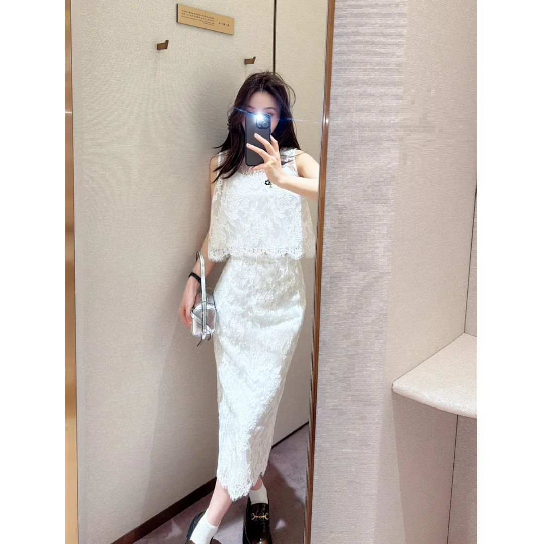 韩剧女主穿搭套装2025夏季新款无袖娃娃领蕾丝背心半裙漂亮两件套