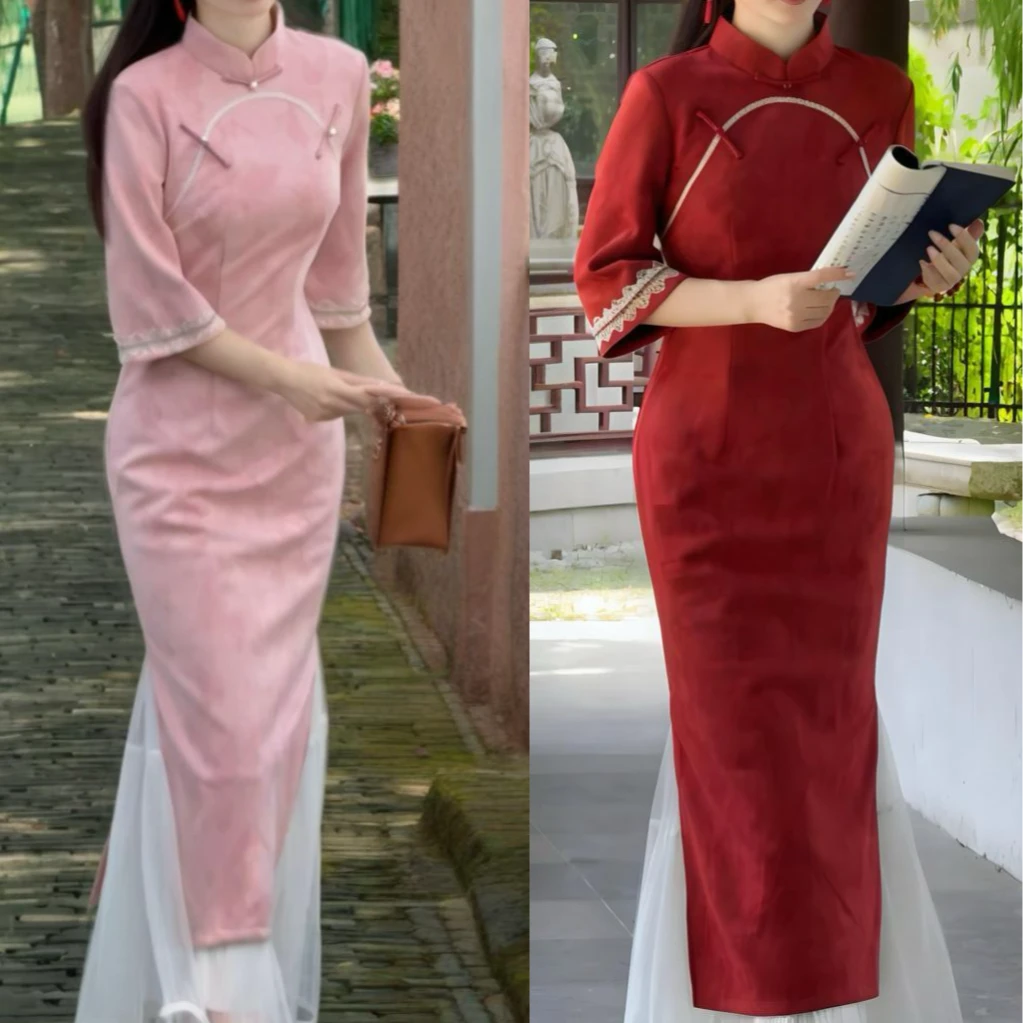 俏娘鱼粉色素雅新中式倒大袖旗袍女2025秋新款麂皮绒改良日常可穿