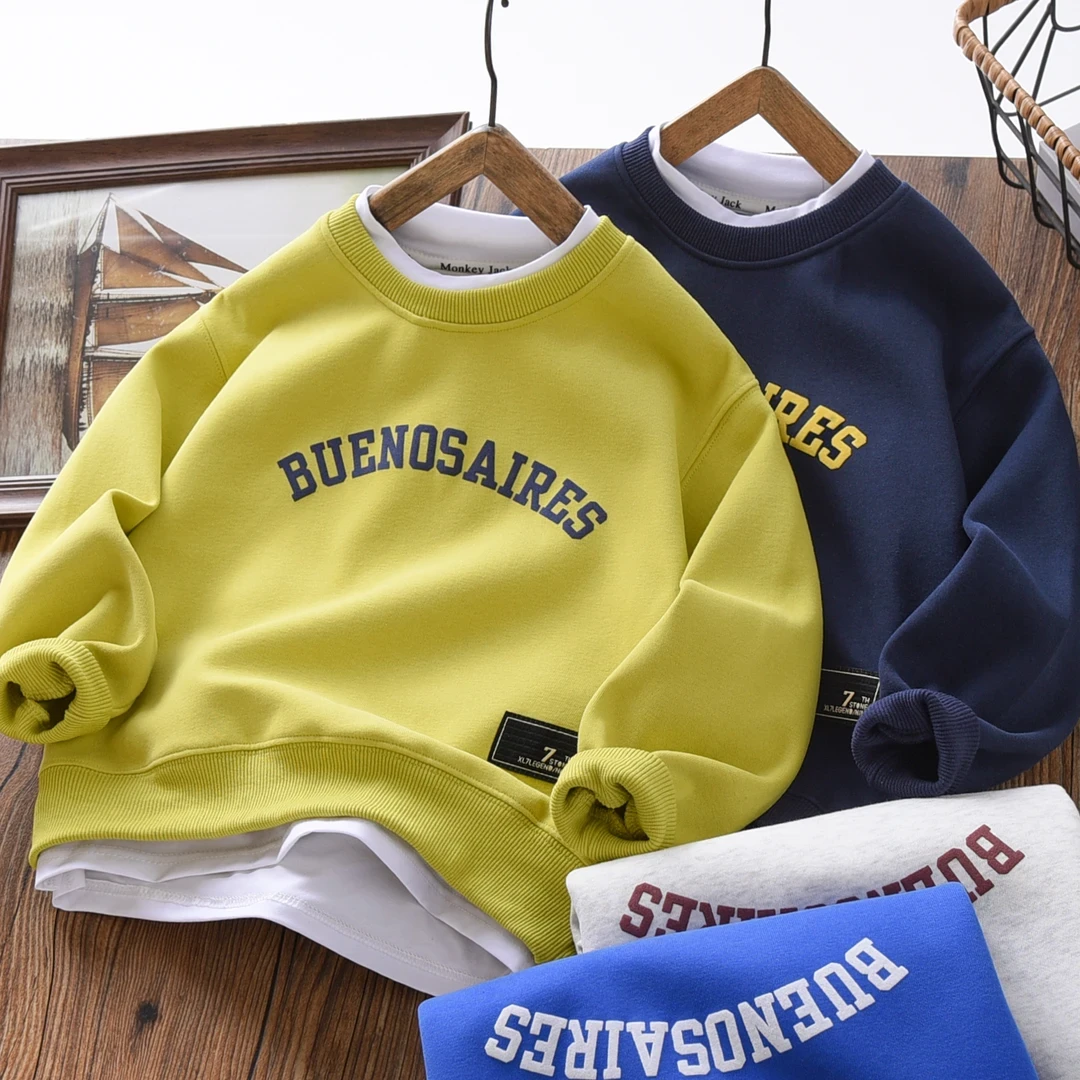 男童儿童新品新款字母假两件卫衣中大童运动上衣宽松圆领外穿FLQ