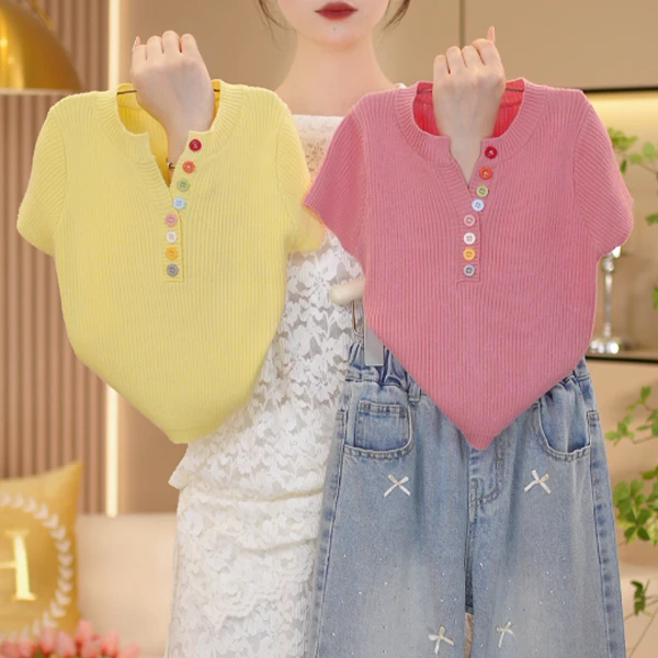 女童2025夏季新款时尚针织毛衣短袖T恤+牛仔裤套装-8277