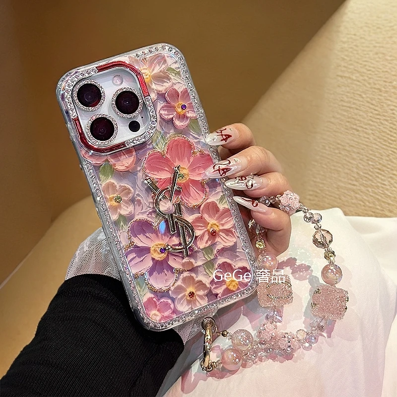 春日油画花朵点钻适用苹果16pro max手机壳iphone15/14/13女防摔