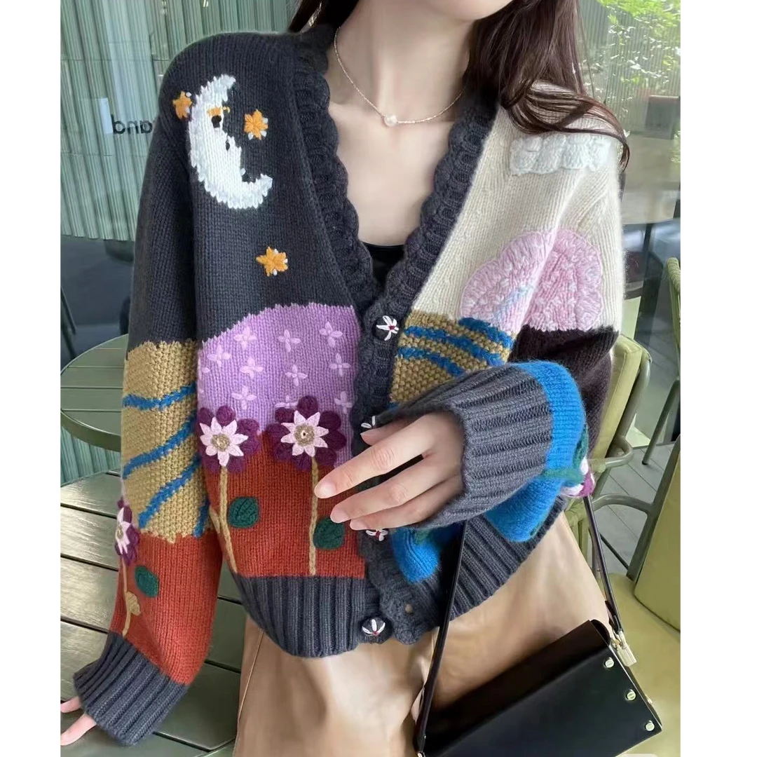 【童话花境】精致手工绣花毛衣女挑花软糯针织开衫外套.J2363