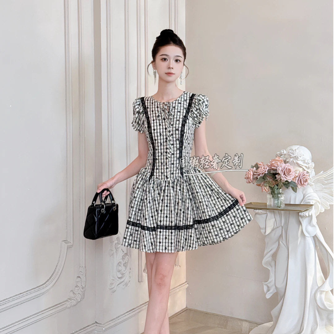 【周粥定制】国内设计师品牌 格子气质显瘦小个子修身连衣裙61261